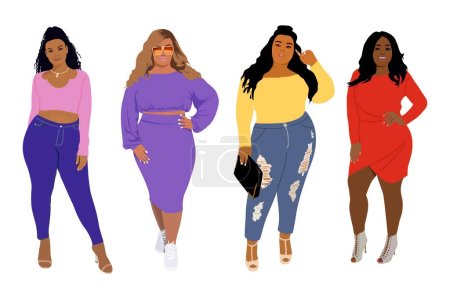 Set of happy black curvy women in stylish modern clothes. Diverse plus size female beauties wearing casual street fashion outfits. Flat vector realistic illustrations isolated on white background.