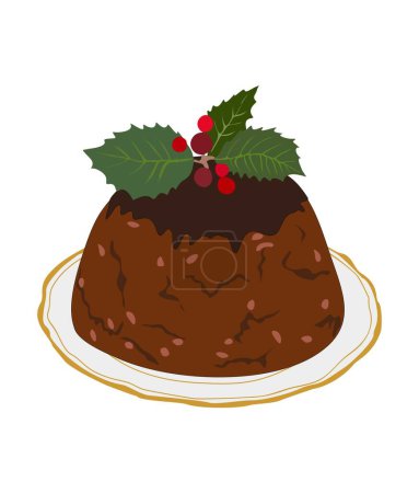 Christmas pudding. Traditional Holiday dessert. English chocolate cake with decoration. Xmas Festive sweet food with glaze, holly berries and leaves. Flat vector illustration on white background.