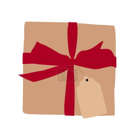 Illustration for Christmas gift, present box in kraft wrapping with tag and red bow. Xmas holiday surprise in brown craft paper. Flat vector illustration isolated on white background. - Royalty Free Image