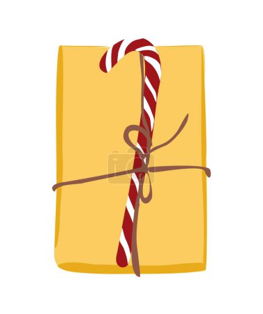 Illustration for Christmas gift, present box in festive wrapping with candy cane. Xmas holiday surprise in yellow craft paper. Flat vector illustration isolated on white background. - Royalty Free Image