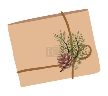 Illustration for Christmas present, surprise in brown craft paper with string and cones. Xmas gift box with twine, fir branch, packed in holiday kraft wrapping. Flat vector illustration isolated on white background. - Royalty Free Image