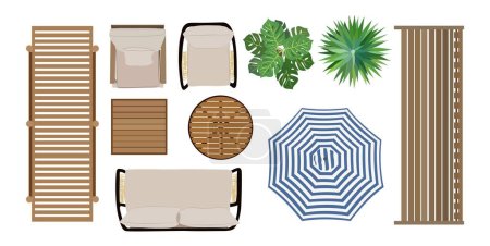 Illustration for Top view of furniture icons for interior and landscape design plan. Sunbed, armchairs, table, plant for garden, terrace, patio, porch zone. Vector realistic illustration isolated on white background - Royalty Free Image