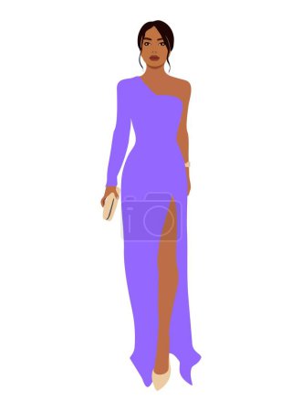 Illustration for Stylish beautiful Woman in fashion dress for Christmas, New year, evening, cocktail party, event. Pretty girl in modern clothes, shoes. Flat vector realistic illustration isolated on white background - Royalty Free Image