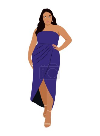 Illustration for Beautiful curvy Woman in fashion dress for Christmas, New year, evening, cocktail party, event. Pretty plus size girl in luxury clothes. Flat vector realistic illustration isolated on white background - Royalty Free Image