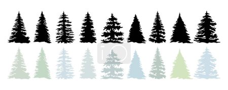 Illustration pour Ensemble de silhouettes d'arbres de Noël. Sapins de vacances traditionnels, épicéa de Noël. Illustrations monochromes vectorielles noires, bleues, vertes isolées sur fond blanc - image libre de droit