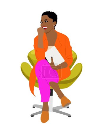 Illustration for Smiling black business woman sitting in a chair with tablet. Pretty african american girl in bright modern business outfits. Cartoon style vector realistic illustration isolated on white background - Royalty Free Image