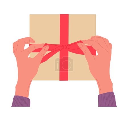 Hands Holding and wrapping present box in craft paper with red ribbon bow. Preparing Christmas, New year, birthday, Valentine's Day gift. Vector flat illustration isolated on white background