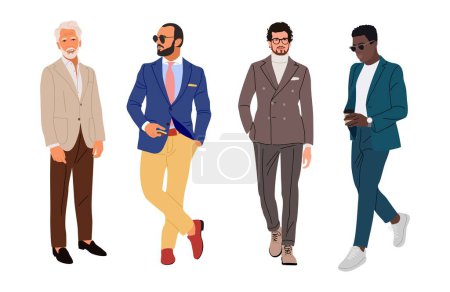 Unternehmerteam. Multinationale Cartoon-Männer unterschiedlichen Alters und Nationalität stehen in modernem, lässigem Outfit da. Stylisch selbstbewusste Männer in formellen Business-Anzügen. Vektorabbildung isoliert