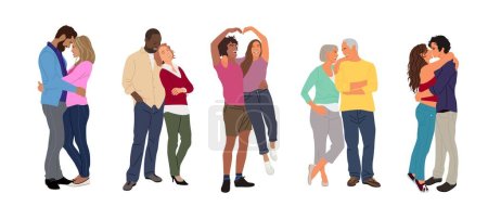 Love couples set. Men and women different races, nationalities and ages in romantic relationship, dating, hugging, kissing, standing together. Vector realistic illustrations isolated, white background