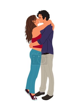 Love couple. Happy Young Man and Woman in romantic relationship, dating, hugging, kissing, standing together. Cartoon style Vector realistic illustration isolated on white background