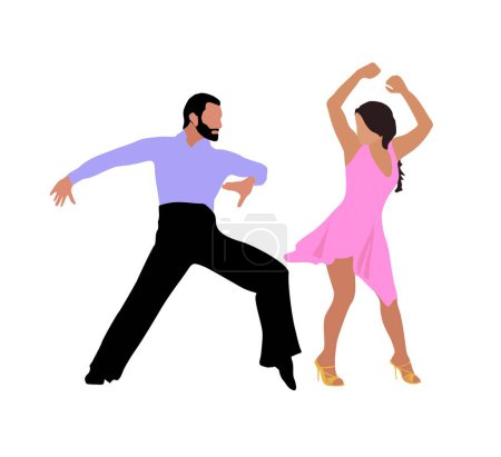 Bailarín, Bailarina Bachata, Salsa, Flamenco, Tango, Baile Latino. Pareja bailarina en pose de baile. Ilustración vectorial plana estilo caricatura aislada sobre fondo blanco