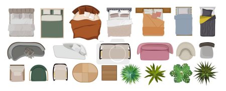 Illustration for Set of different Top view furniture icons for interior design plan, apartment project and layout. Sofa, bed, armchair, table, house plants for home rooms and offices. Flat vector illustration isolated - Royalty Free Image