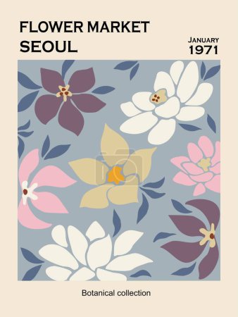 Flower Market Seoul abstract poster. Trendy botanical wall art, vintage floral design in danish pastel colors. Modern naive groovy hippie interior decoration, painting. Retro 70s Vector illustration.