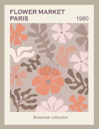Flower Market Paris abstract poster. Trendy botanical wall art, vintage floral design in danish pastel colors. Modern naive groovy hippie interior decoration, painting. Retro 80s Vector illustration