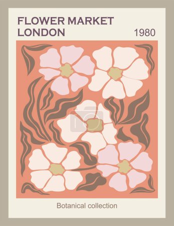 Flower Market London affiche abstraite. Art mural botanique tendance, design floral vintage aux couleurs pastel danois. Moderne naïf hippie groovy décoration intérieure, peinture. Illustration vectorielle des années 80 rétro