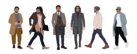 Illustration for Set of different men wear street fashion stylish clothes winter or spring. Handsome guys in outfits for cold weather, coat, jacket, scarf, hat. Vector realistic illustration isolated, white background - Royalty Free Image