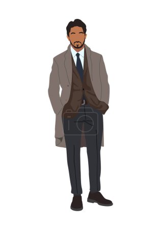 Homme d'affaires élégant en vêtements chauds formels costume avec cravate et manteau. Un bel homme en tenue d'affaires pour le froid, l'hiver ou le printemps. Illustration vectorielle réaliste isolée sur fond blanc.