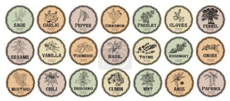 Pantry spice jar seasoning label sticker organizer set. Cardboard food labels or stickers for kitchen food containers with spices. Labels, stickers, craft decals, floral frame and spice name