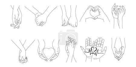 Illustration for Holding Hands, Outline Drawing, Hand Holding together. Love, relationship, Valentines day concept. Monochrome hand drawn ink style sketch. Modern minimalist line art vector illustration. - Royalty Free Image
