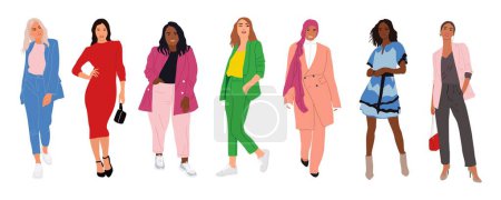 Téléchargez les illustrations : Business women collection. Realistic illustration of diverse multinational and multiracial standing cartoon women in smart casual office outfits. Pretty female characters isolated on white background. - en licence libre de droit
