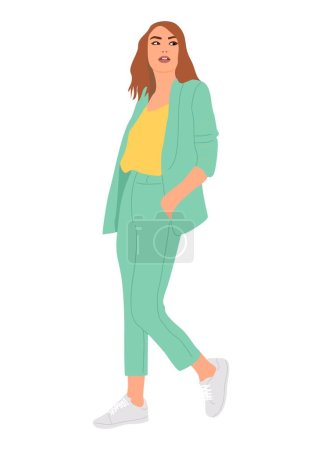 Illustration for Attractive Business woman. Realistic illustration of standing cartoon pretty woman in smart casual office outfit - suit and sneakers. Female character isolated on white background. - Royalty Free Image