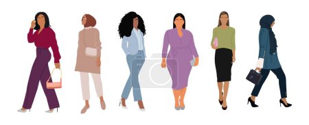 Ilustración de Multiracial Business women collection. Vector illustration of diverse multinational standing, walking cartoon women different races, ages, body types in office outfits. Isolated on white background. - Imagen libre de derechos