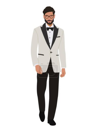 Téléchargez les illustrations : Elegant businessman character in evening party outfit. Stylish handsome guy wearing ivory white formal suit, tuxedo and bowtie. Hand drawn vector realistic illustration isolated on white background. - en licence libre de droit