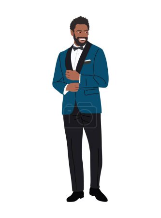 Illustration for Elegant black businessman character in evening party outfit. Stylish african american handsome man wearing navy blue formal tuxedo, bowtie. Hand drawn vector realistic illustration isolated on white. - Royalty Free Image