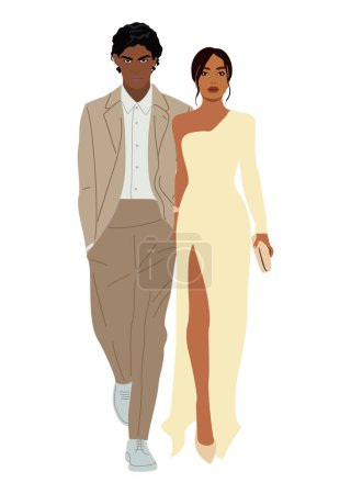 Ilustración de Gorgeous couple wearing evening formal outfit for celebration, wedding, event, party. Happy man and woman in stylish clothes vector realistic illustration isolated on white background. - Imagen libre de derechos