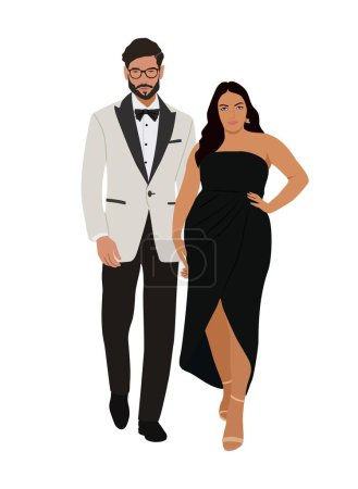 Gorgeous couple wearing evening formal outfit for celebration, wedding, event, party. Happy man and woman in stylish clothes vector realistic illustration isolated on white background.