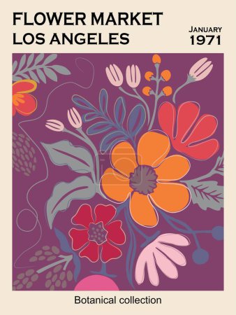 Abstract flower poster - Flower Market Los Angeles. Botanical wall art with floral design in trendy bright colors. Modern naive groovy funky interior decoration, painting. Vector art illustration.