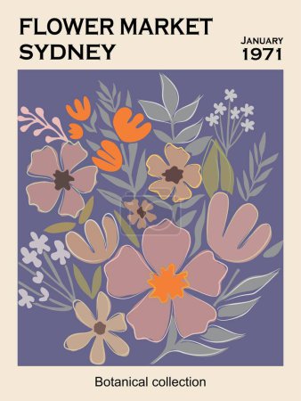 Abstract flower poster - Flower Market Sydney. Botanical wall art with floral design in trendy blue colors. Modern naive groovy funky interior decoration, painting. Vector art illustration.