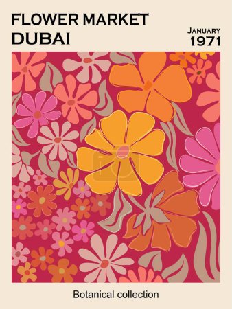 Abstract flower poster - Flower Market Dubai. Trendy botanical wall art with floral design in bright magenta colors. Modern naive groovy funky interior decoration, painting. Vector art illustration.