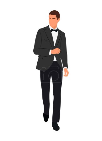 Ilustración de Elegant Business man walking in tuxedo and bow tie. Stylish guy wearing evening formal outfit for event, party, wedding, celebration. Fashionable cartoon male character isolated on white background. - Imagen libre de derechos