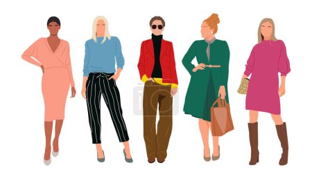 Illustration for Business women collection. Realistic illustration of diverse multinational and multiracial standing cartoon women in smart casual office outfits. Pretty female characters isolated on white background. - Royalty Free Image