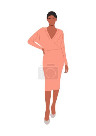 Illustration for Beautiful Business woman vector Realistic illustration. Pretty black girl in smart casual office outfit - pink peach dress and high heels shoes. Cartoon female character isolated on white background. - Royalty Free Image