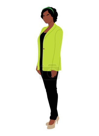 Ilustración de Black Businesswoman character vector illustration isolated on white background. Female african american, latin office worker in formal outfit - black pants, green jacket, standing side view. - Imagen libre de derechos