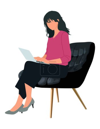 Illustration for Attractive young business woman sitting on armchair, working on laptop computer. Pretty asian girl in smart casual outfit - pink sweater, high heels. Realistic Vector illustration isolated on white. - Royalty Free Image