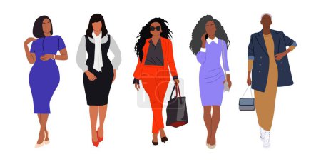 Téléchargez les illustrations : Business women collection. Realistic illustration of diverse multinational and multiracial standing cartoon women in smart casual office outfit. Pretty female characters isolated on white background. - en licence libre de droit