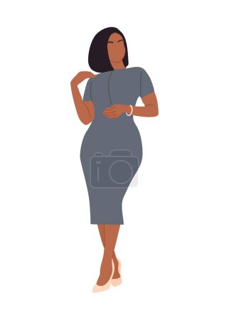 Attractive black Business woman. Pretty african american, latin girl in stylish office outfit, gray dress and high heels. Modern lady boss vector realistic illustration isolated on white background.