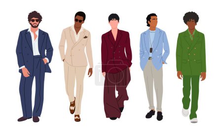 Set of different elegant men wearing modern fashionable business outfit - formal and smart casual suits. Menswear fashion show Spring 2023. Hand drawn vector realistic illustration isolated on white.