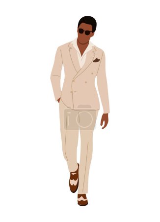 Illustration for Stylish elegant black man wearing modern fashionable business outfit - formal beige suit. Handsome african american man walking. Hand drawn vector realistic illustration isolated on white background. - Royalty Free Image