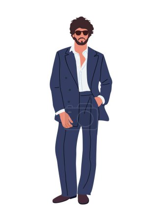 Illustration for Stylish elegant man wearing modern fashionable outfit. Handsome bearded man standing in navy blue suit. Menswear Fashion Show Spring 2023. Vector realistic illustration isolated on white background. - Royalty Free Image