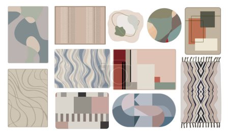 Téléchargez les illustrations : Set of modern Carpets, rugs, wool textile mats top view. Floor decoration with abstract shapes and ornaments for cozy home interior design. Flat vector illustrations isolated on white background. - en licence libre de droit