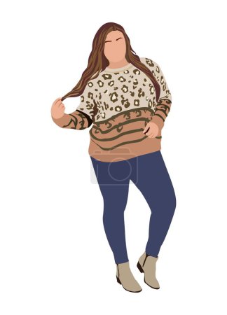 Stylish curvy girl dressed in trendy clothes. Fashionable young plus size woman in casual street style outfit, sweater and jeans. Cartoon realistic vector illustration isolated on white background.