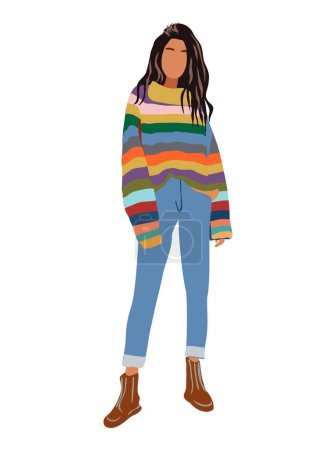 Stylish girl dressed in trendy vintage clothes. Fashionable young woman in casual retro 70s outfit - striped colorful sweater, jeans. Cartoon realistic vector illustration isolated, white background.