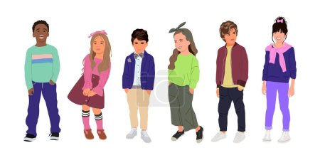 Illustration pour Set of different Kids flat vector realistic illustrations. Multiracial group of children in modern casual clothing. Modern elementary, middle school students, kindergarten pupils cartoon characters. - image libre de droit