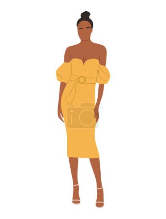 Stylish young black woman wearing fashionable yellow dress for evening event, cocktail or party. Gorgeous african american, latin girl in luxury clothes. Fashion show model. Vector illustration.