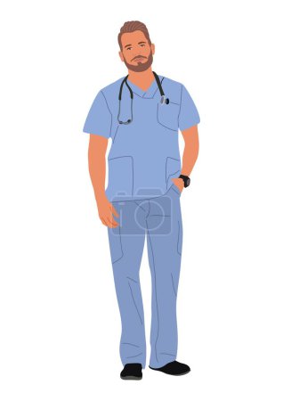 Illustration for Male doctor character. Confident healthcare professional, therapist, surgeon wearing blue medical uniform with stethoscope. Handsome young bearded man. Vector realistic illustration isolated on white. - Royalty Free Image