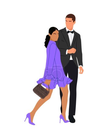 Couple en soirée branchée, cocktail, vêtements de fête marchant ensemble vecteur illustration réaliste isolé sur blanc. Homme et femme élégants prêts à l'événement formel. Paire à la mode en tenue élégante.